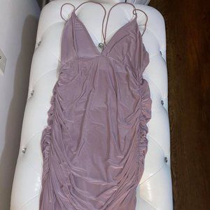 mauve color silky runched midi dress